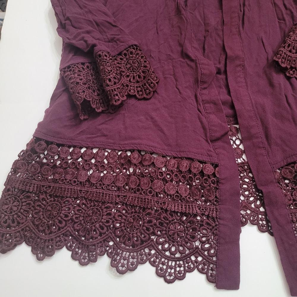 Exhilaration Open Front Cardigan Sweater Womens Size XL Burgundy Boho‎ Lace Trim - Picture 2 of 7